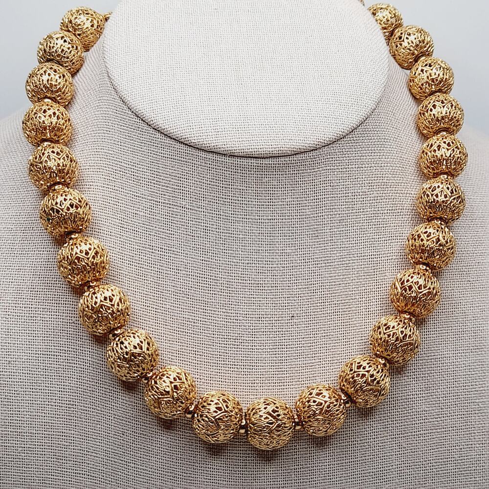 Vintage Monet Filigree Beaded Necklace Gold Tone 1950s 17 Inch